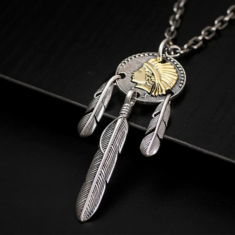 Golden Indian Chief Feather 925 Sterling Silver Vintage Punk Pendant Necklace