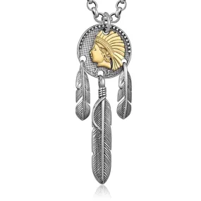 Golden Indian Chief Feather 925 Sterling Silver Vintage Punk Pendant Necklace