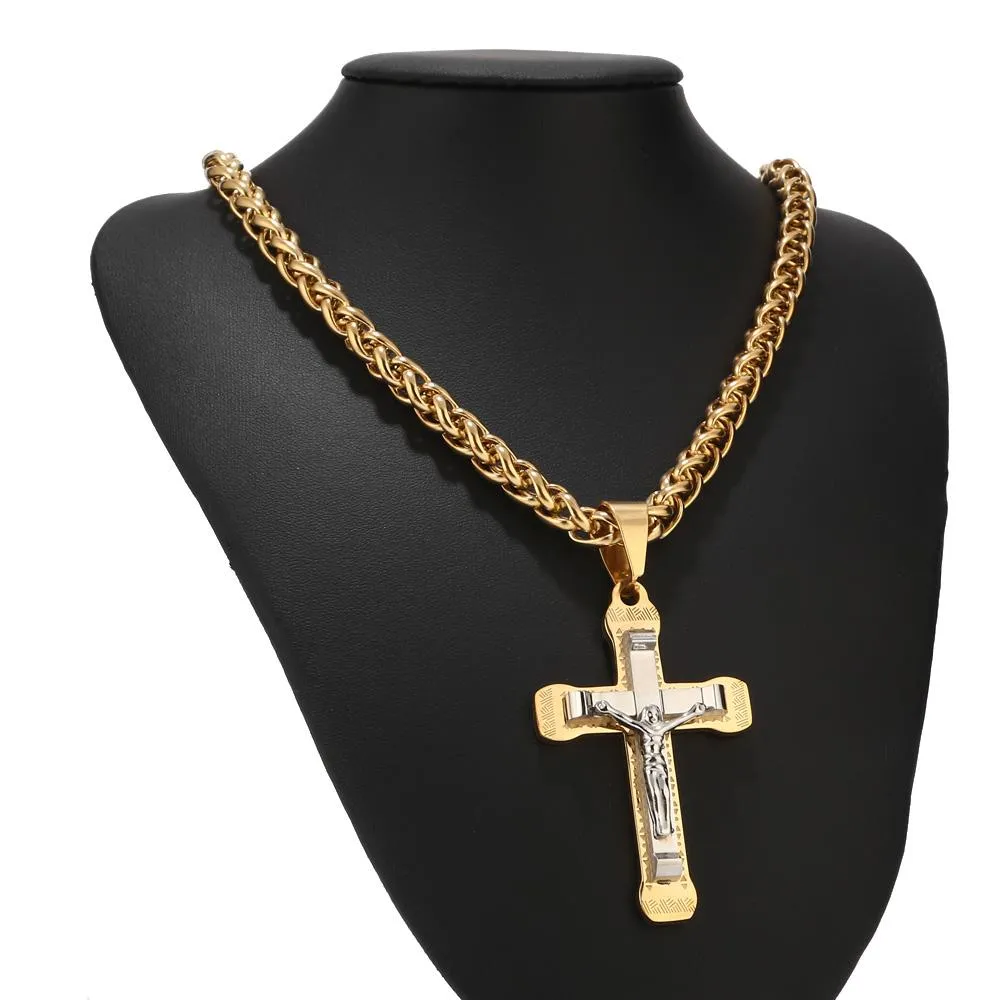 Gold/Silver Tone Stainless Steel Crucifix Pendant Necklace