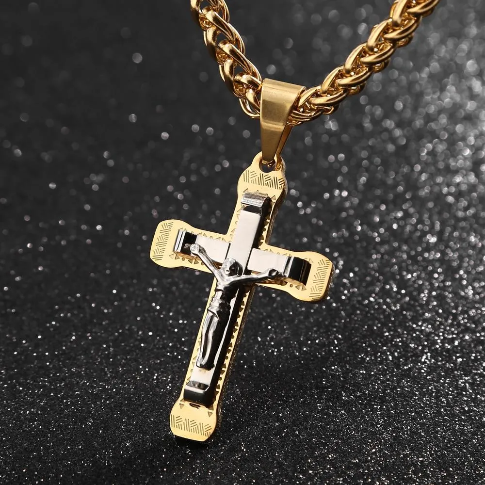 Gold/Silver Tone Stainless Steel Crucifix Pendant Necklace