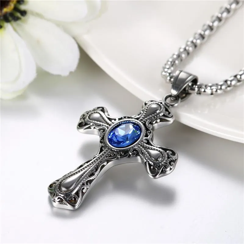 Gothic Black Sapphire Stone Cross Pendant Necklace