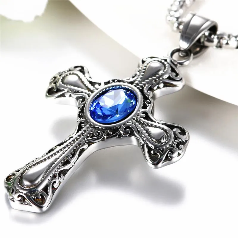 Gothic Black Sapphire Stone Cross Pendant Necklace