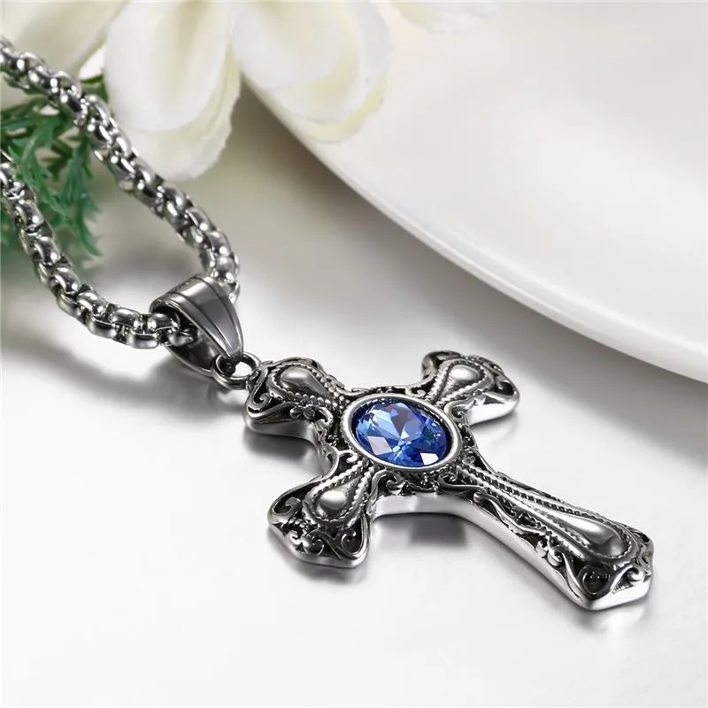 Gothic Black Sapphire Stone Cross Pendant Necklace