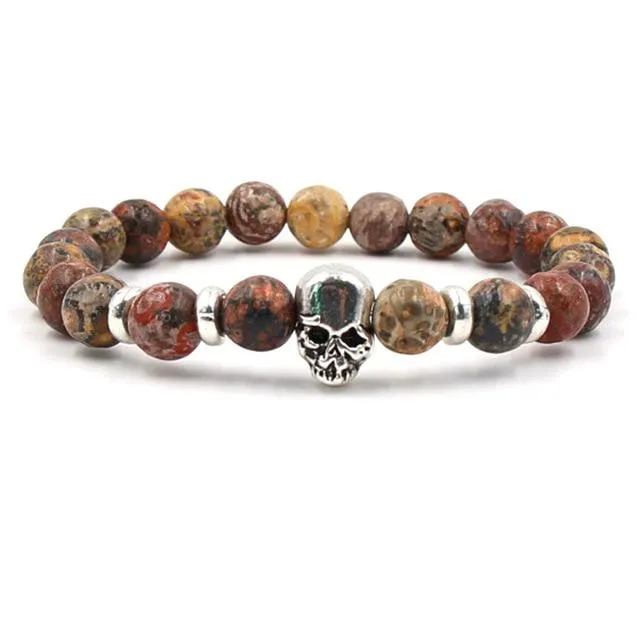 Handmade Natural Rhinestone Beaded Men’s Skull Bracelet