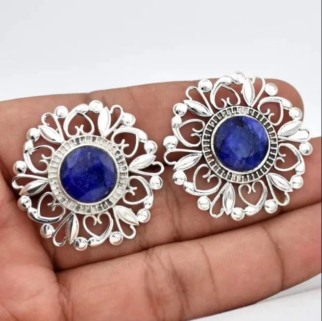 Indian Sapphire Stud 925 Sterling Silver Earrings,Fine Handmade Jewelry, For Girls