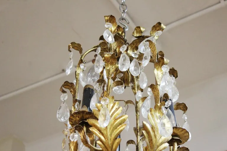 Italian Hollywood Regency Diminutive Gilt Tole Chandelier with Crystal Droplets