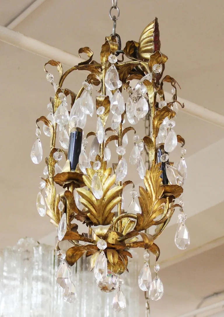 Italian Hollywood Regency Diminutive Gilt Tole Chandelier with Crystal Droplets