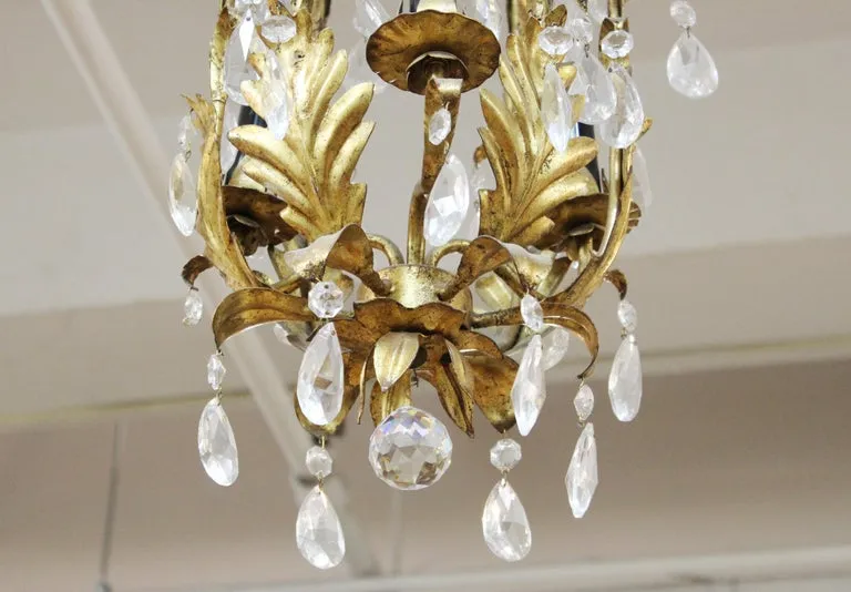 Italian Hollywood Regency Diminutive Gilt Tole Chandelier with Crystal Droplets