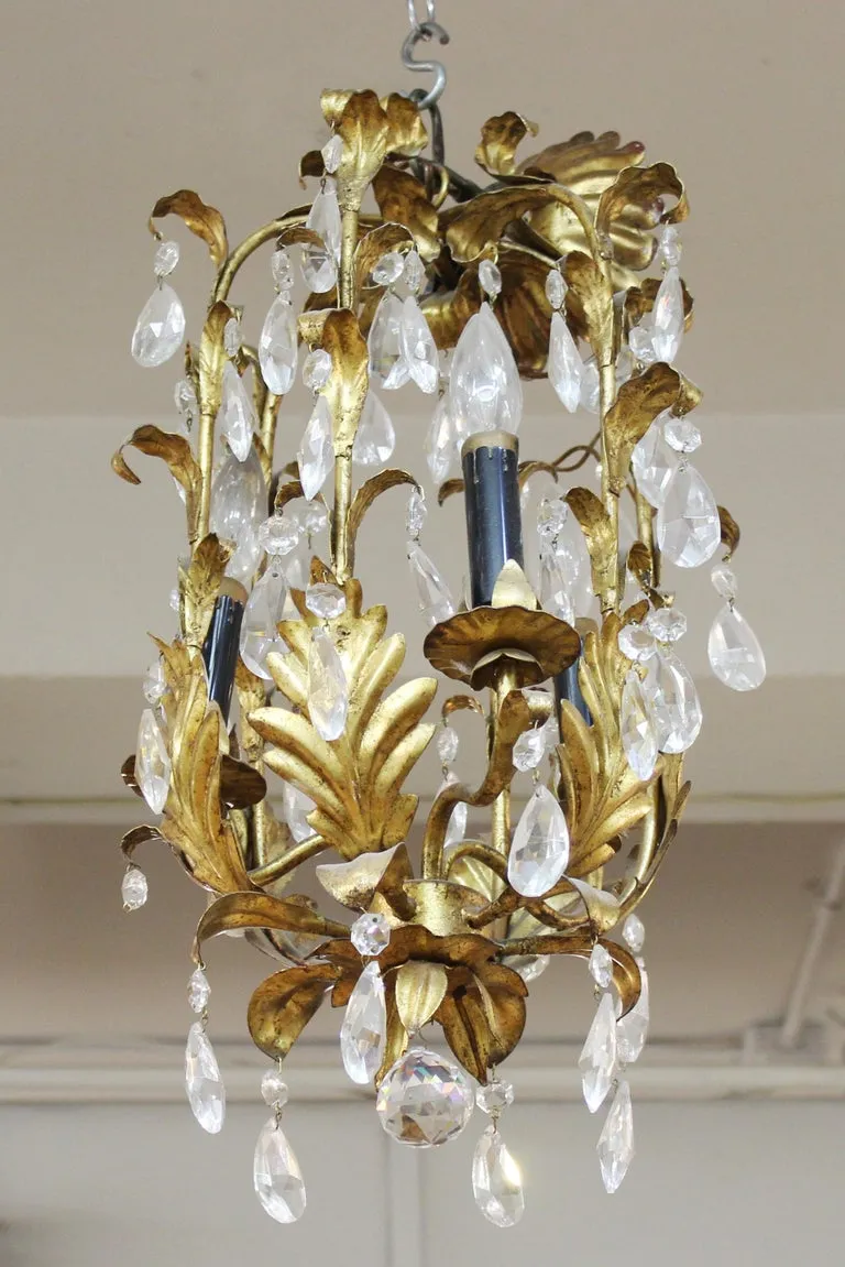 Italian Hollywood Regency Diminutive Gilt Tole Chandelier with Crystal Droplets