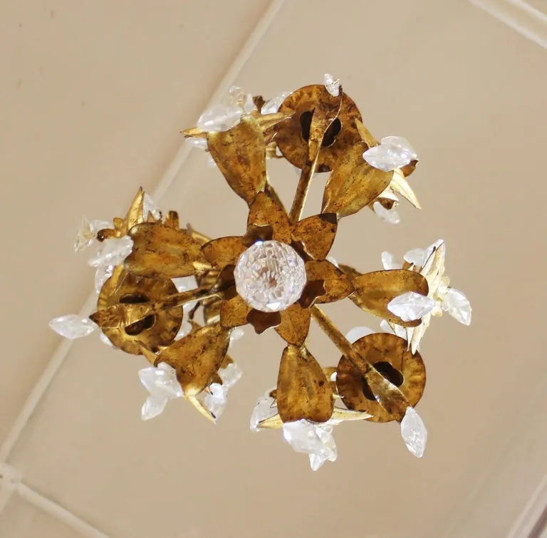 Italian Hollywood Regency Diminutive Gilt Tole Chandelier with Crystal Droplets