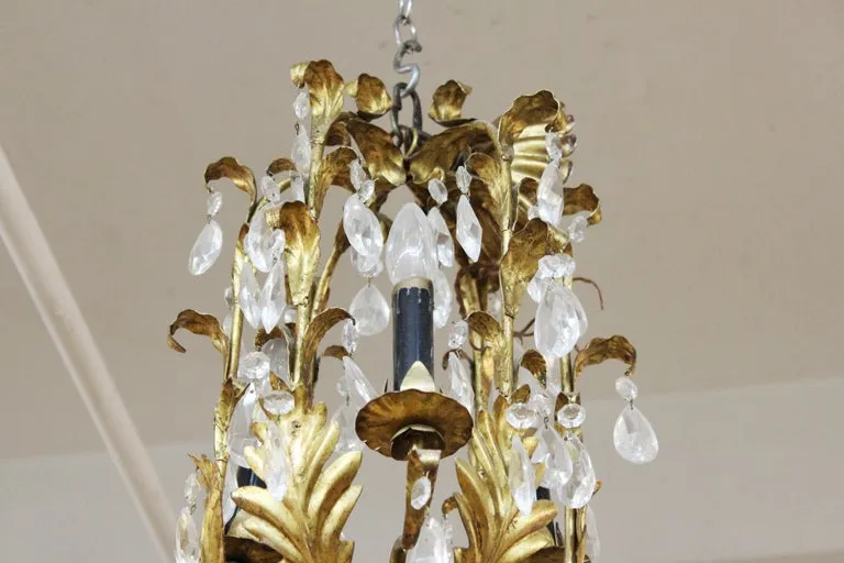 Italian Hollywood Regency Diminutive Gilt Tole Chandelier with Crystal Droplets