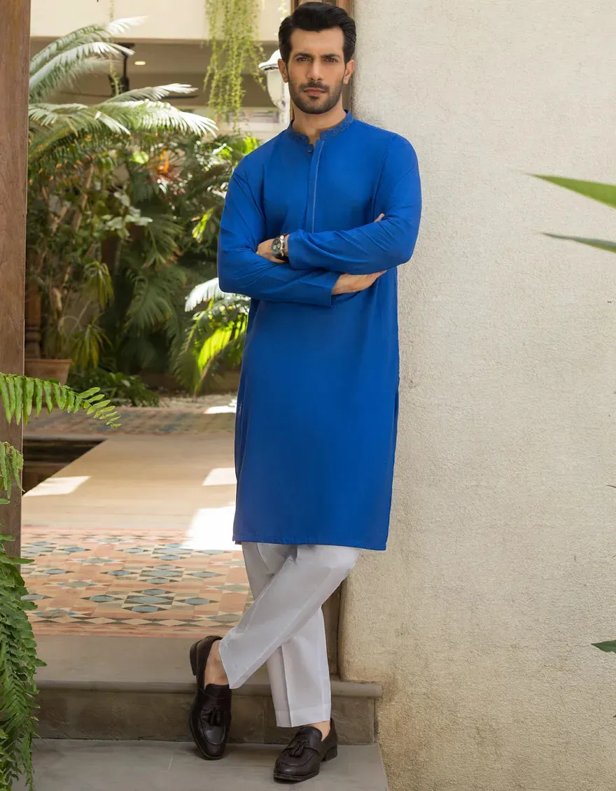 J. Mens Cobalt Blue Cotton Casual 2-Piece Kurta   Trouser