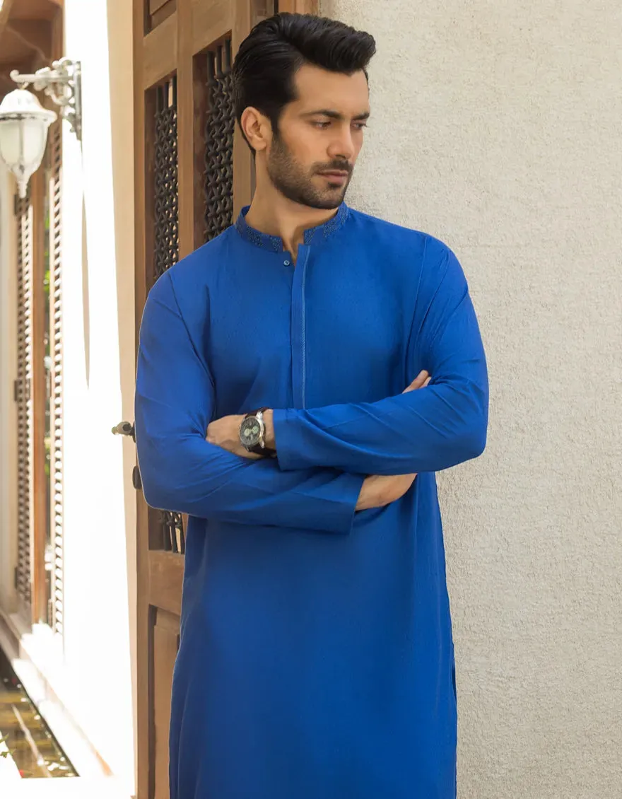 J. Mens Cobalt Blue Cotton Casual 2-Piece Kurta   Trouser