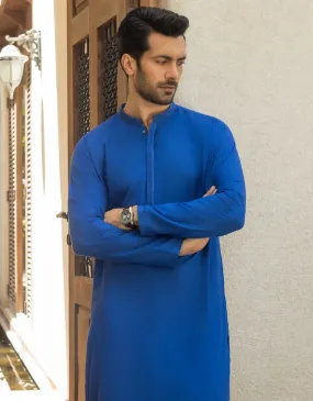 J. Mens Cobalt Blue Cotton Casual 2-Piece Kurta   Trouser