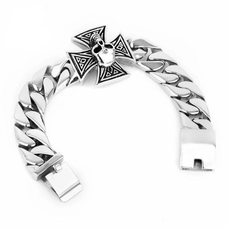 Large 316L Stainless Steel Skull and Cross Bracelet