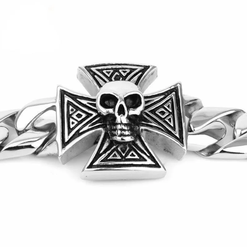 Large 316L Stainless Steel Skull and Cross Bracelet