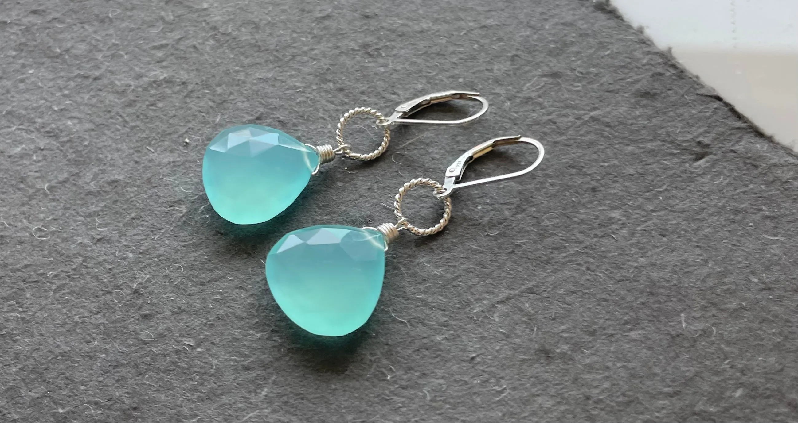 Large Aqua Chalcedony hoop leverback earrings