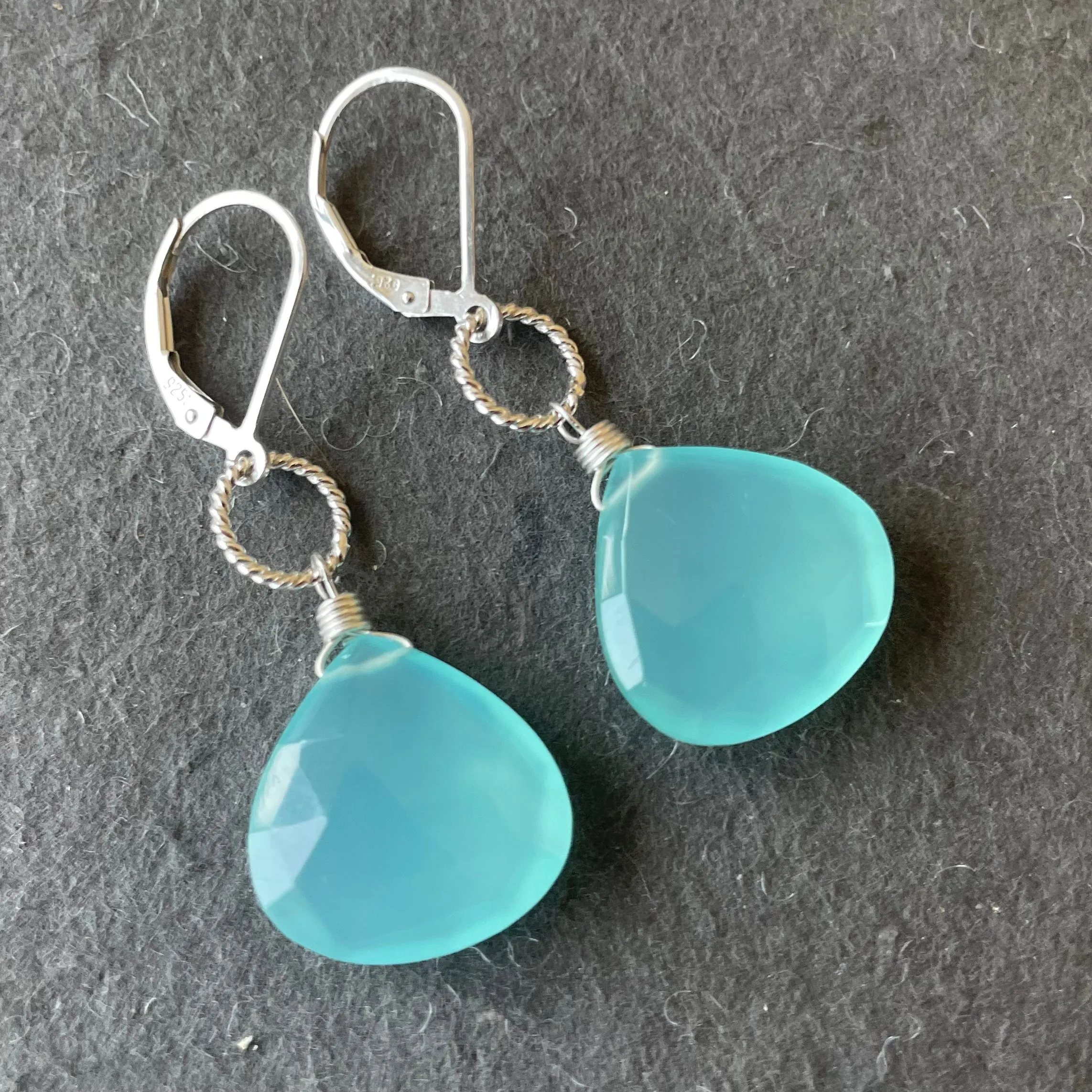 Large Aqua Chalcedony hoop leverback earrings