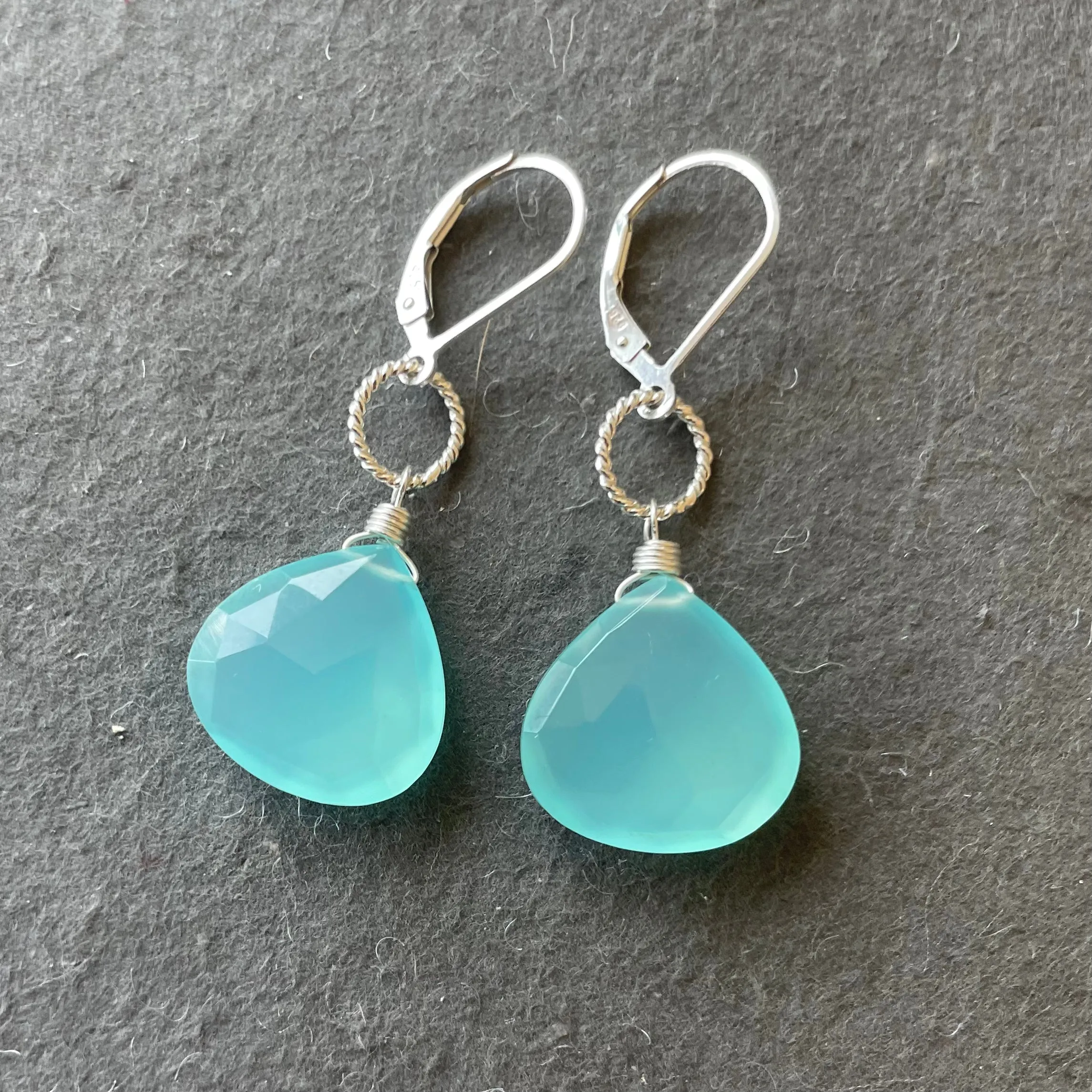 Large Aqua Chalcedony hoop leverback earrings