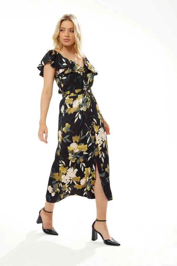 Liquorish Belted Midi Dress Off Shoulder Sleeves Navy Floral