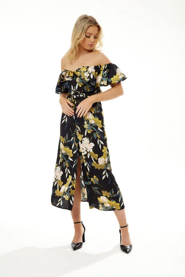 Liquorish Belted Midi Dress Off Shoulder Sleeves Navy Floral