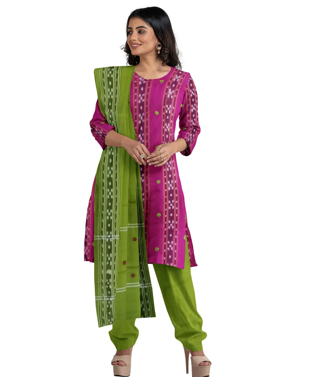 Magenta olive green handwoven cotton nuapatna dress material