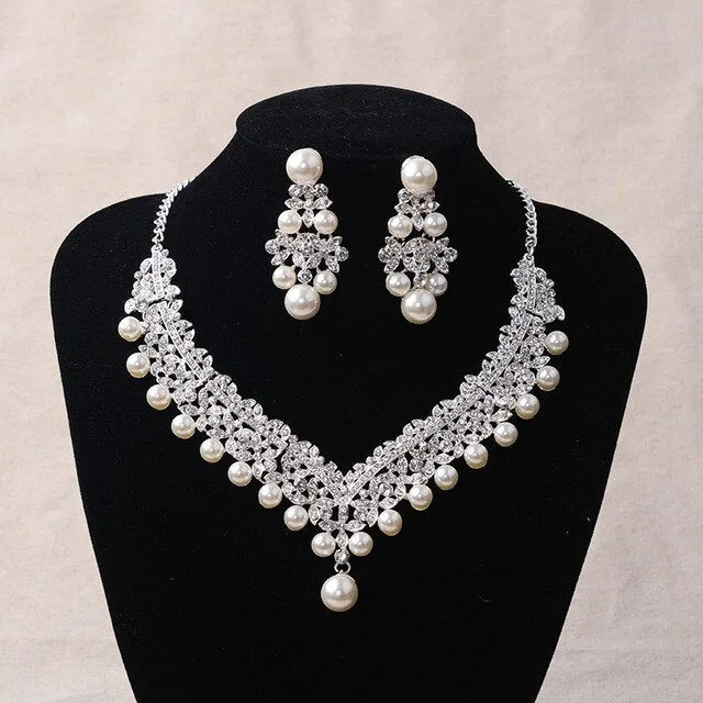 Magnificent Pearl and Crystal Tiara, Necklace & Earrings Wedding Jewelry Set