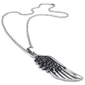 Men Angel Wing Stainless Steel Pendant Necklace, Black Silver, 24 inch Chain