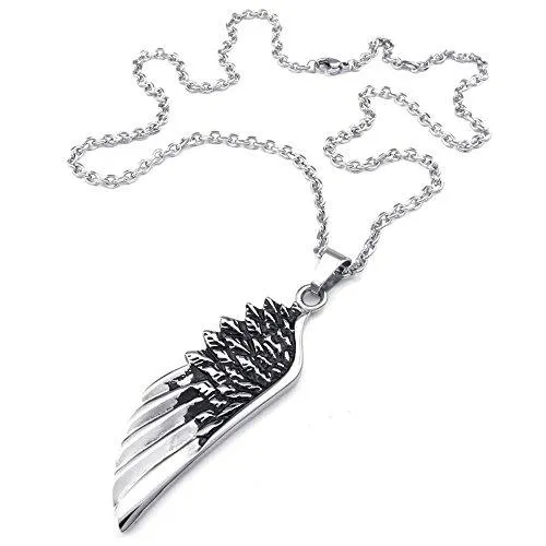 Men Angel Wing Stainless Steel Pendant Necklace, Black Silver, 24 inch Chain