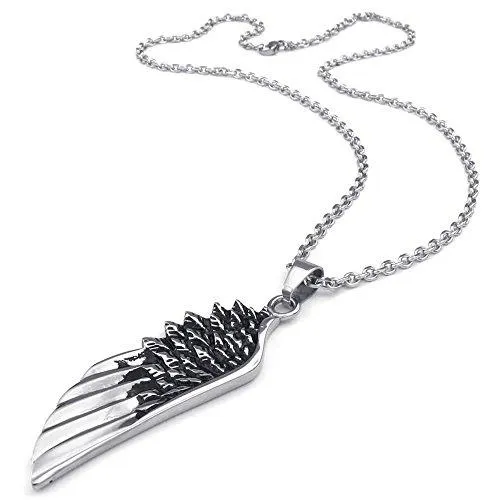 Men Angel Wing Stainless Steel Pendant Necklace, Black Silver, 24 inch Chain