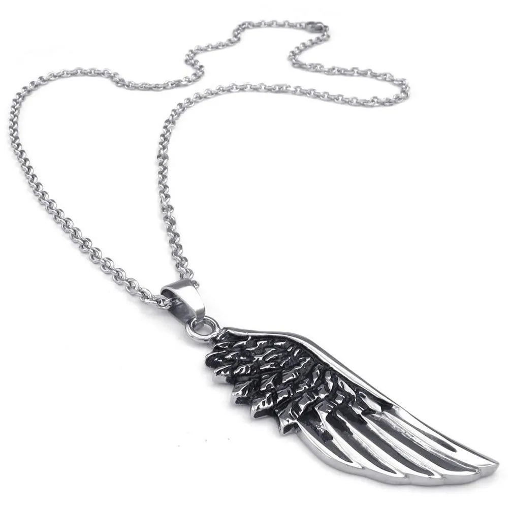 Men Angel Wing Stainless Steel Pendant Necklace, Black Silver, 24 inch Chain