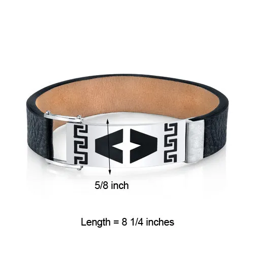 Mens Greek Key Black Genuine Leather and Stainless Steel Bracelet