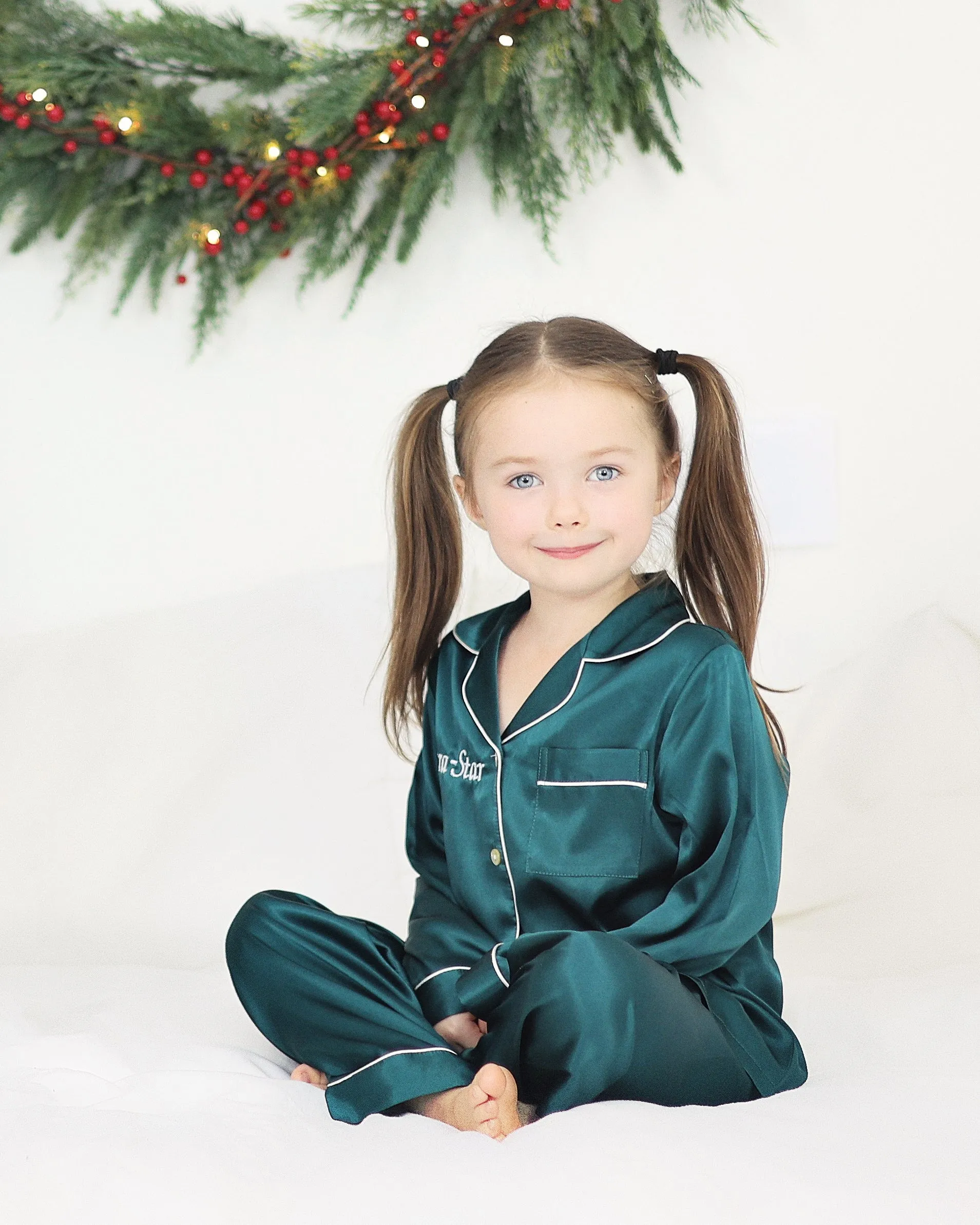 Mini Girls Emerald Green Satin Pyjamas