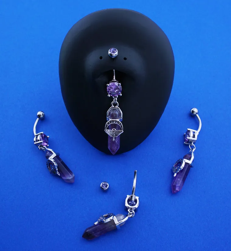 Moon Phase Moth Amethyst Crystal Dangle Stainless Steel Belly Button Ring