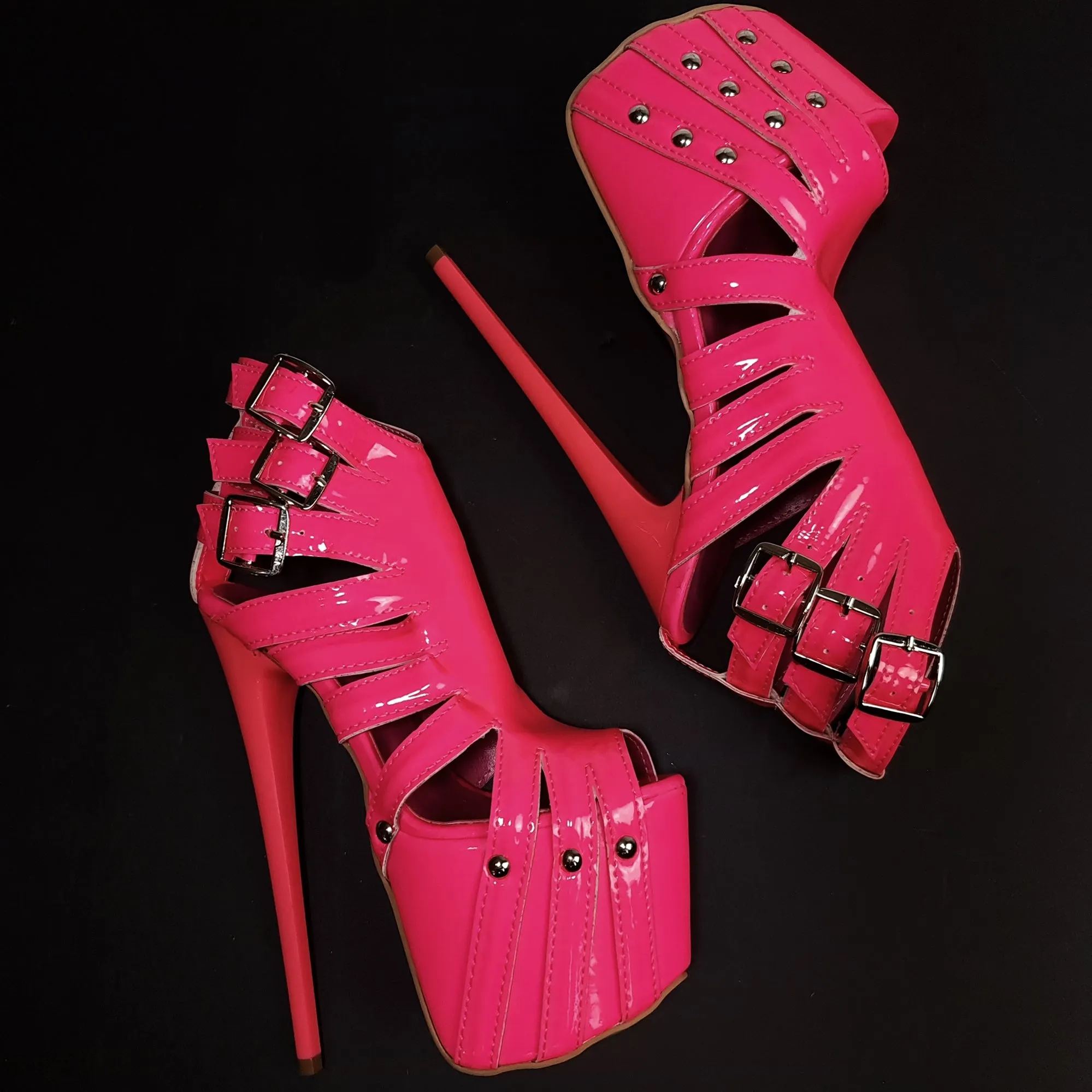 Multi Belted Pink Neon Ankle Cut Pin High Heels