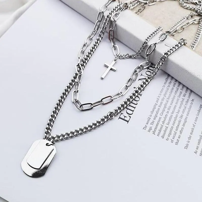 Multi-Chain Silver Necklace with Cross and Dog Tag Pendants