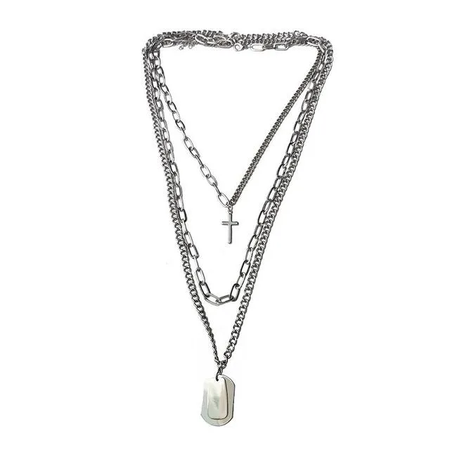 Multi-Chain Silver Necklace with Cross and Dog Tag Pendants