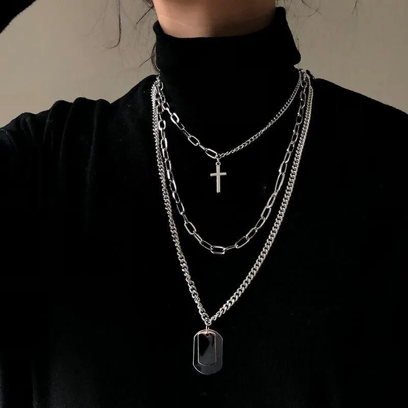 Multi-Chain Silver Necklace with Cross and Dog Tag Pendants