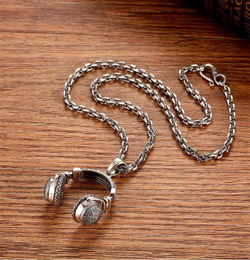 Music Headset 925 Sterling Silver Gothic Vintage Fashion Biker Pendant Necklace