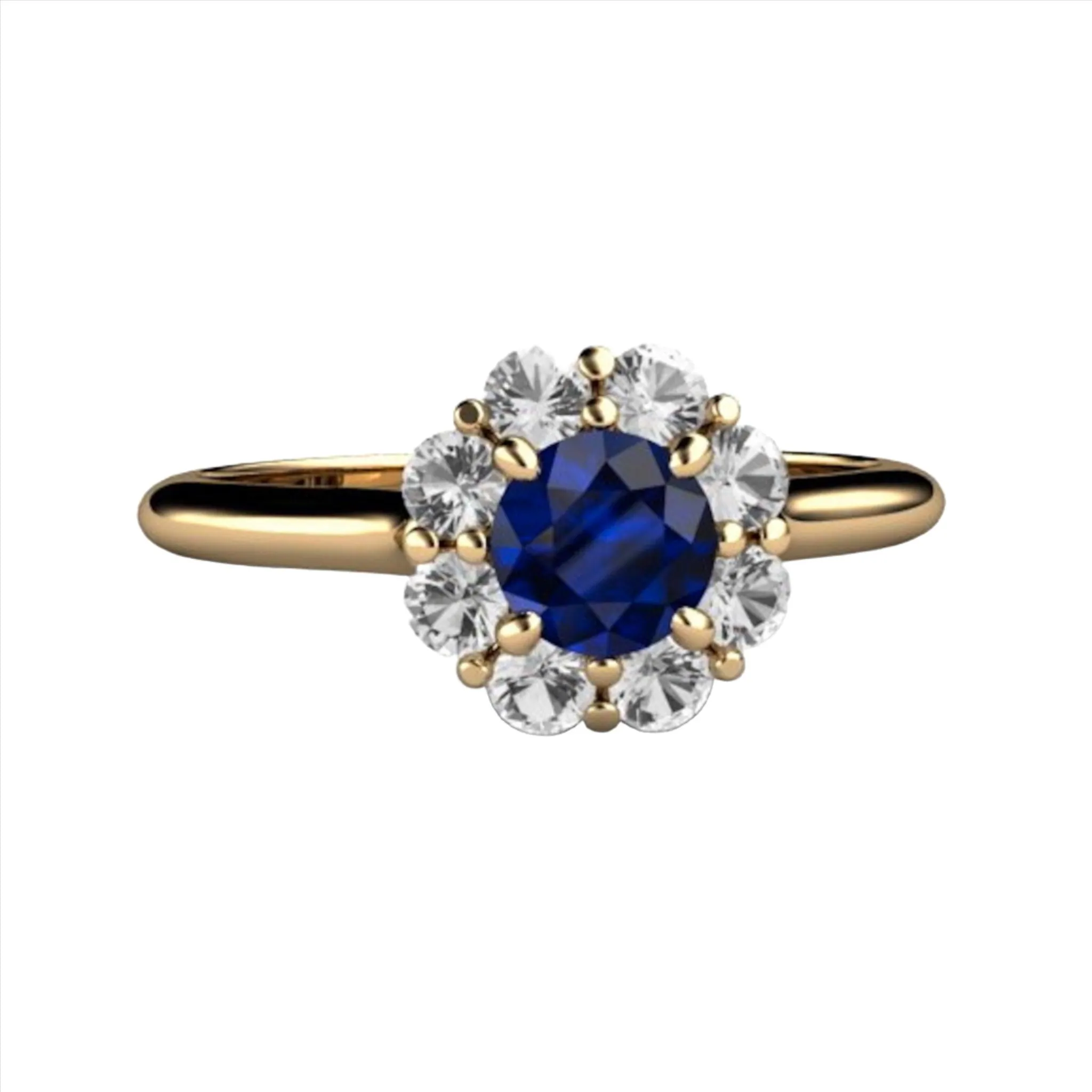 Natural Blue Sapphire Engagement Ring Round Flower Cluster Design with Diamonds