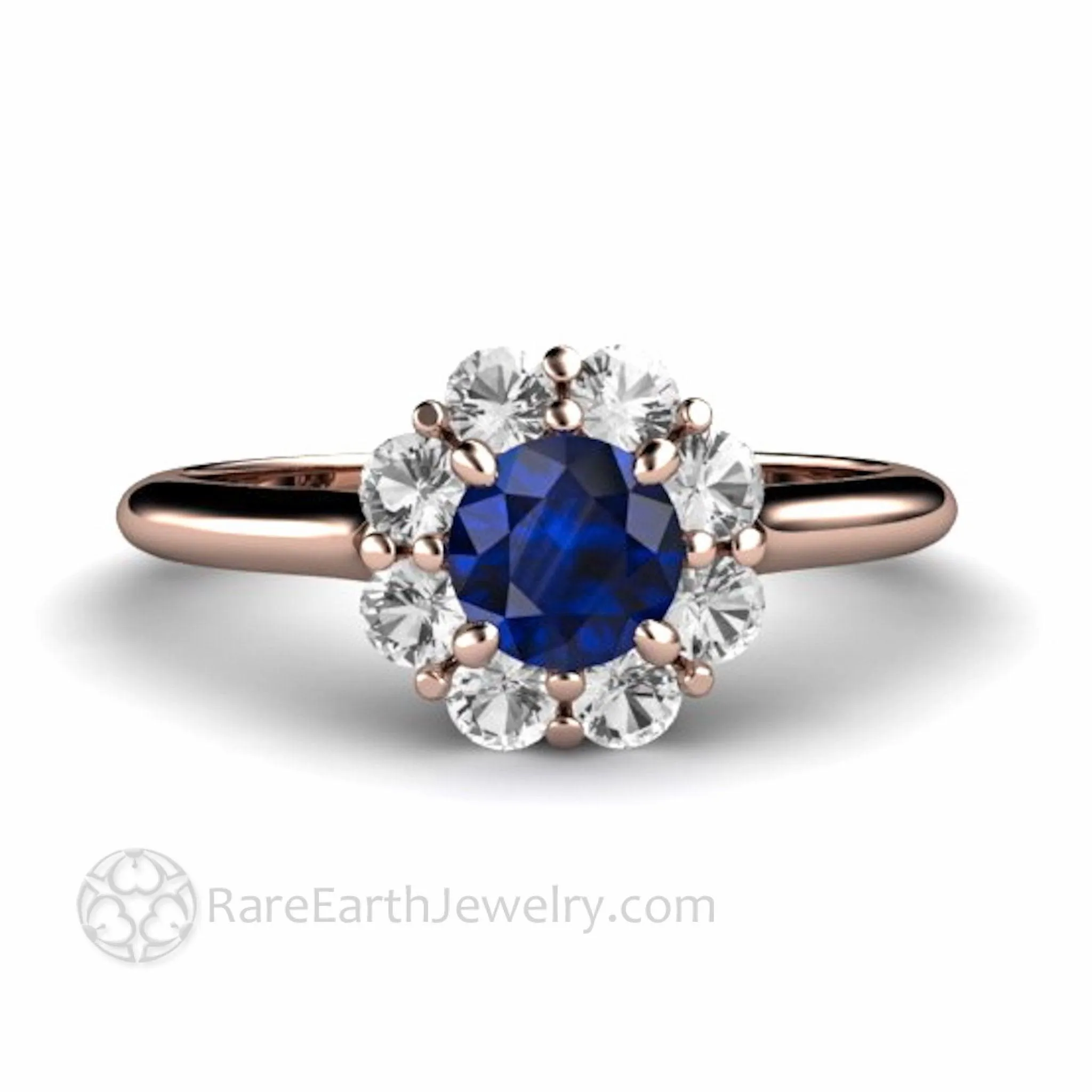 Natural Blue Sapphire Engagement Ring Round Flower Cluster Design with Diamonds