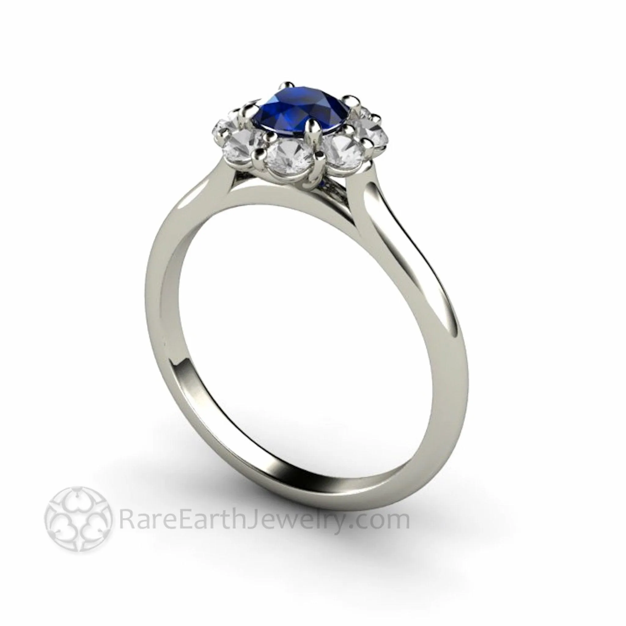 Natural Blue Sapphire Engagement Ring Round Flower Cluster Design with Diamonds