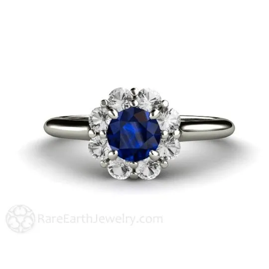 Natural Blue Sapphire Engagement Ring Round Flower Cluster Design with Diamonds