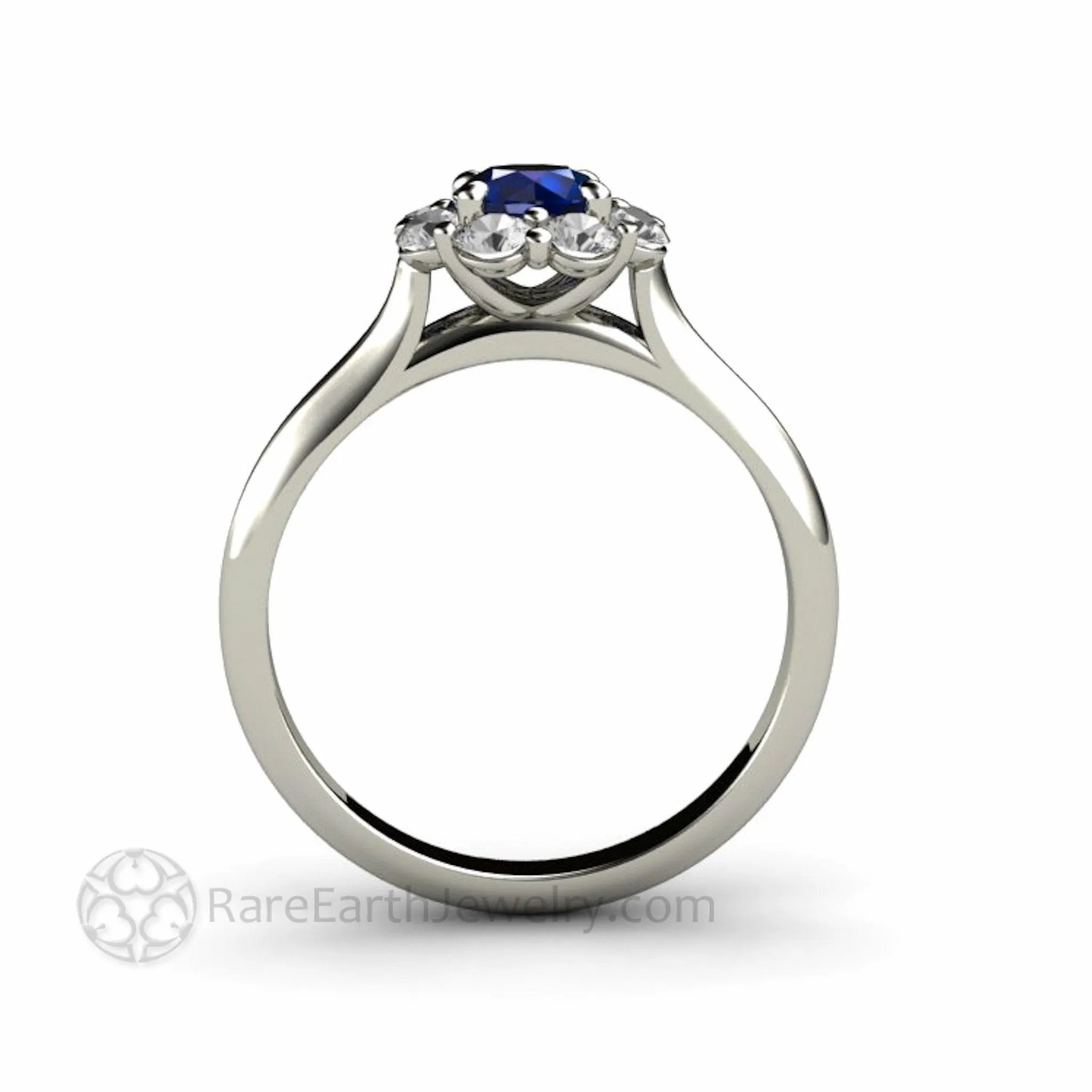 Natural Blue Sapphire Engagement Ring Round Flower Cluster Design with Diamonds