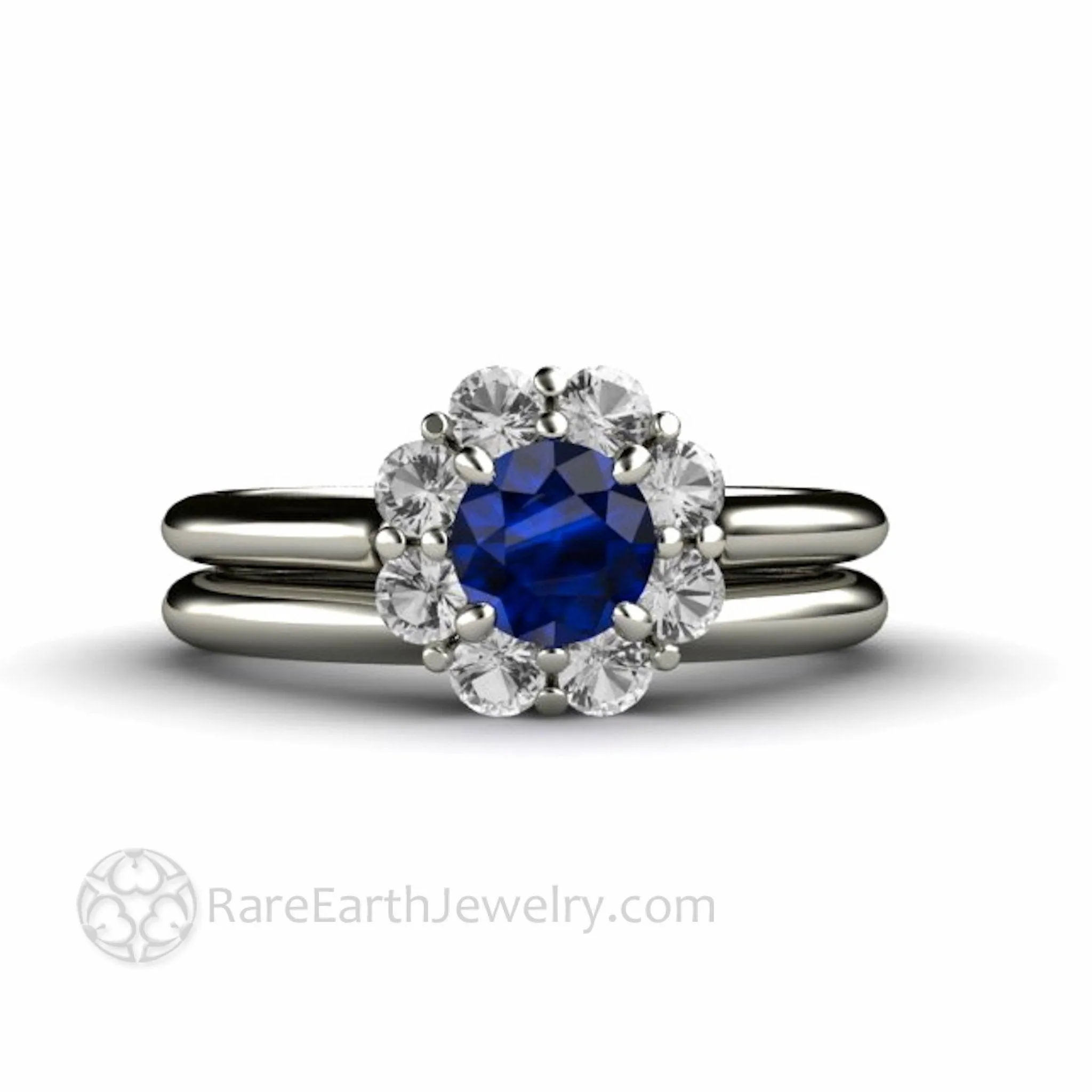 Natural Blue Sapphire Engagement Ring Round Flower Cluster Design with Diamonds