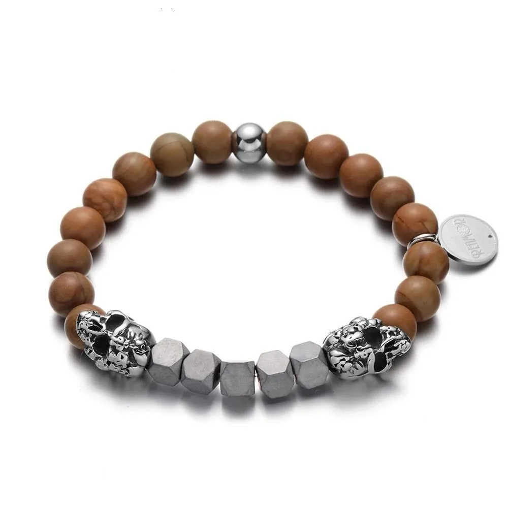 Natural Brown Wood and Iron Stone Skulls Bracelet for Men