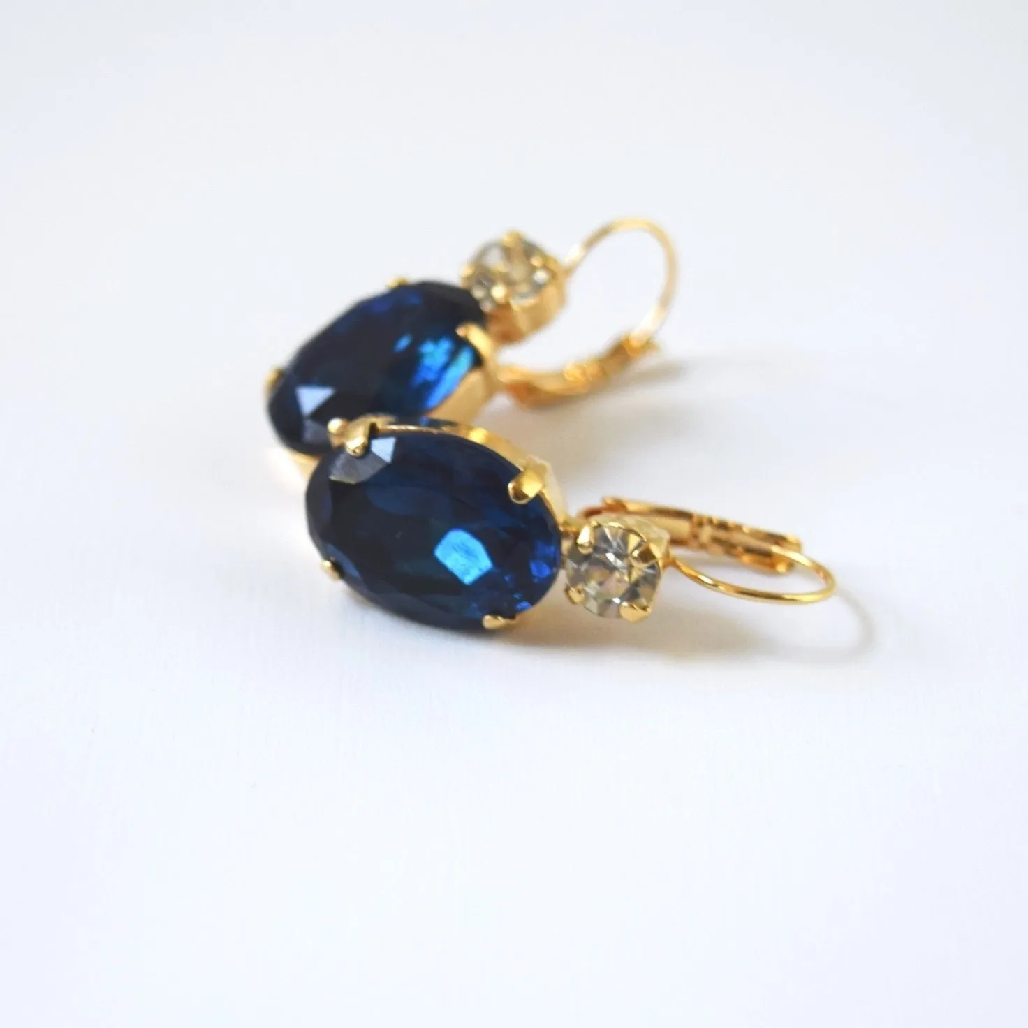 Navy Blue Crystal Earrings - Large Oval 2 stone