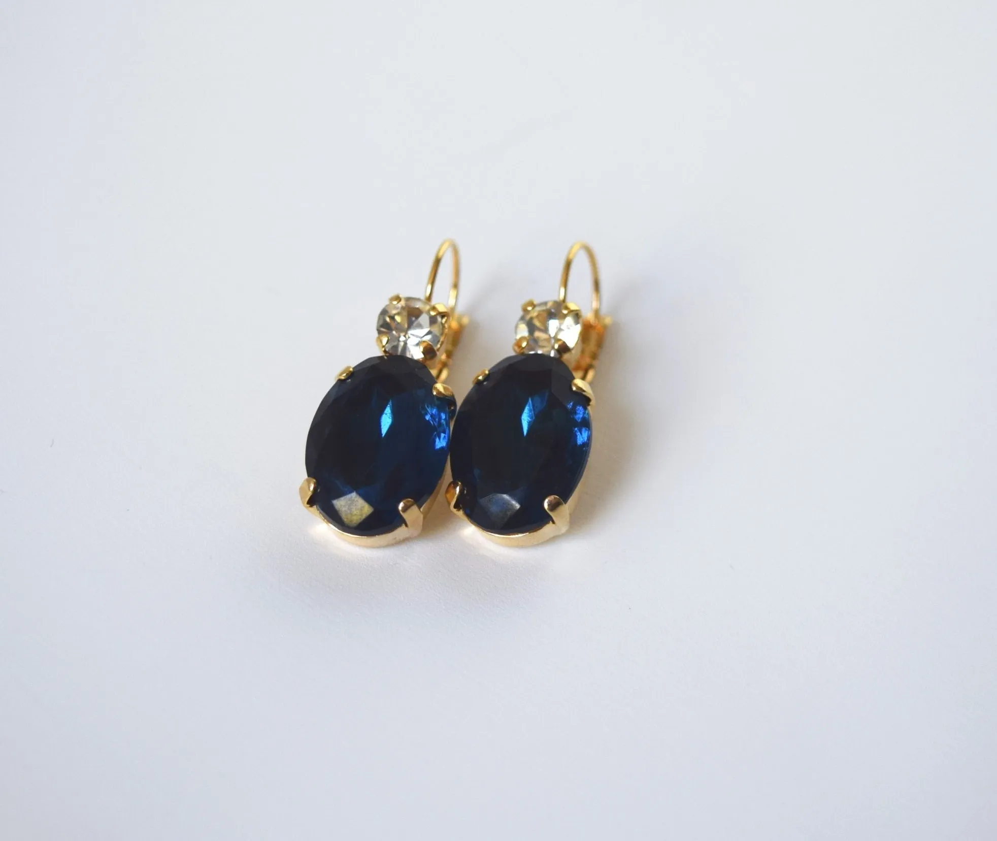 Navy Blue Crystal Earrings - Large Oval 2 stone