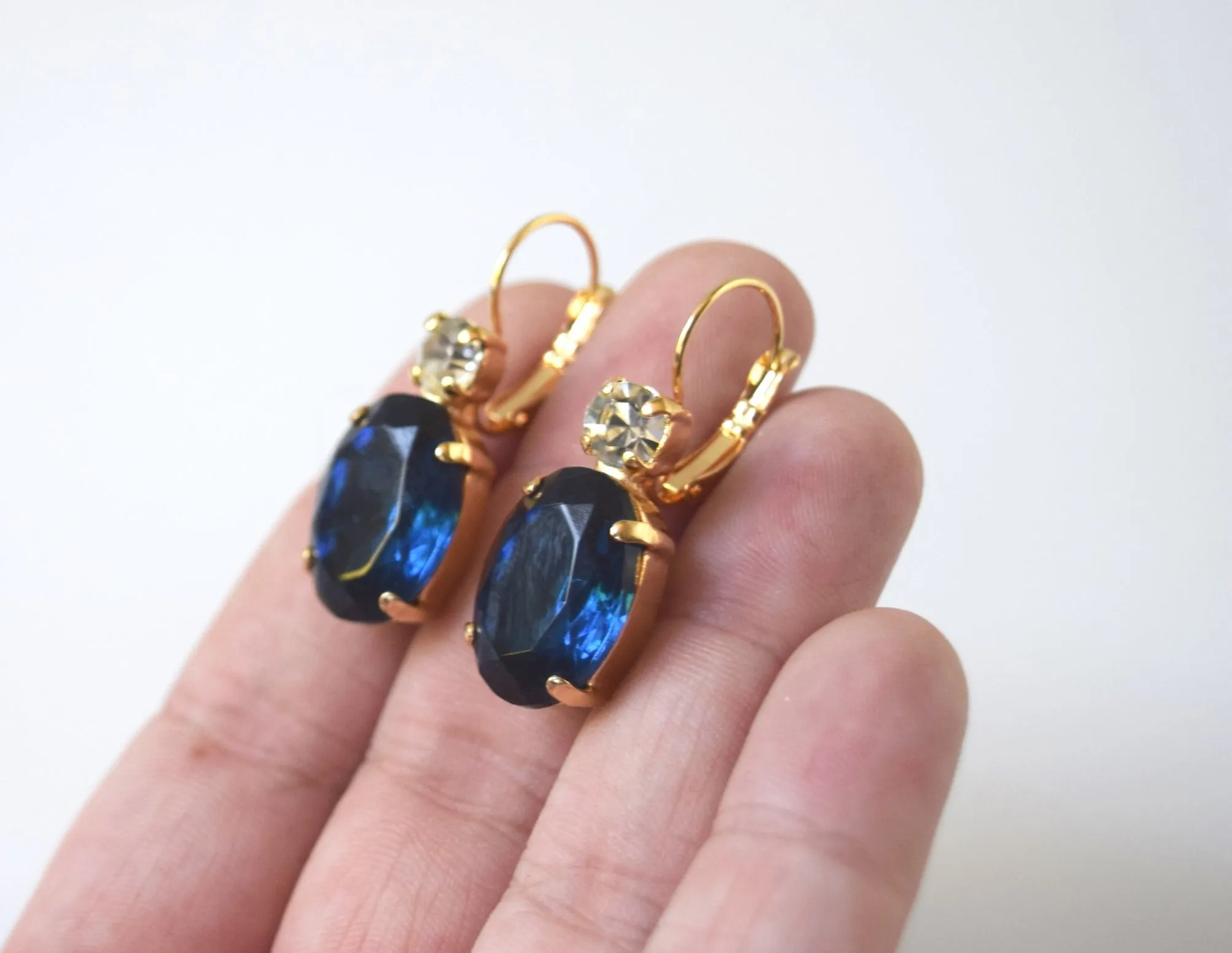 Navy Blue Crystal Earrings - Large Oval 2 stone