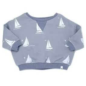 oh baby! Cotton French Terry V Collar Boxy Sweatshirt - Sailboats Print - Fog